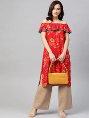 DesiQlo Women Red & Yellow Floral Printed Straight Kurta ( JOK 1387 Red )