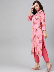 DesiQlo Women Pink & Olive Green Floral Printed Frills Straight Kurta ( JOK 1390 Pink )