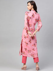 DesiQlo Women Pink & Olive Green Floral Printed Frills Straight Kurta ( JOK 1390 Pink )