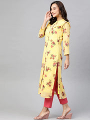 DesiQlo Women Yelloe & Pink Floral Printed Frills Bows and Ruffles Straight Kurta ( JOK 1390 Yellow )