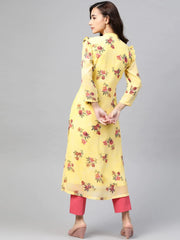 DesiQlo Women Yelloe & Pink Floral Printed Frills Bows and Ruffles Straight Kurta ( JOK 1390 Yellow )