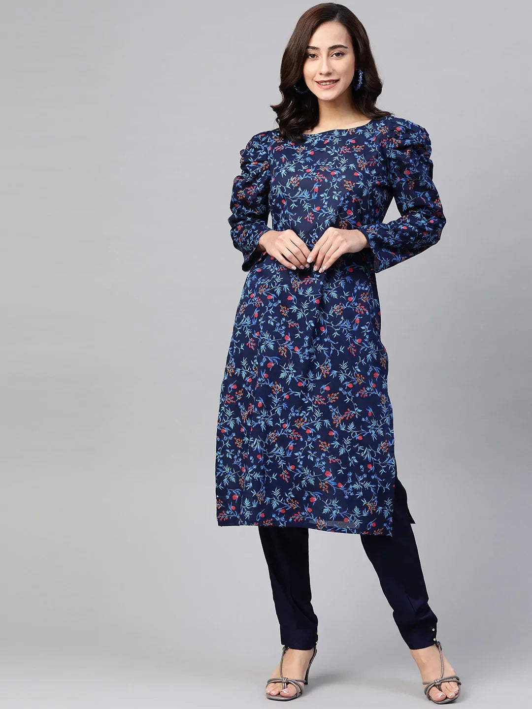 DesiQlo Women Navy Blue & Red Floral Printed Floral Straight Kurta ( JOK 1392 Blue )