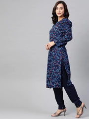DesiQlo Women Navy Blue & Red Floral Printed Floral Straight Kurta ( JOK 1392 Blue )