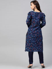 DesiQlo Women Navy Blue & Red Floral Printed Floral Straight Kurta ( JOK 1392 Blue )