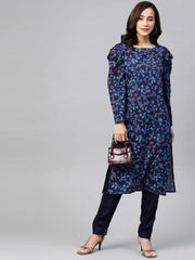 DesiQlo Women Navy Blue & Red Floral Printed Floral Straight Kurta ( JOK 1392 Blue )