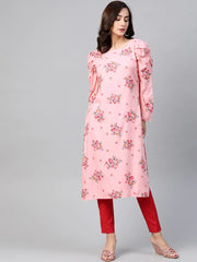 DesiQlo Women Pink & Red Floral Printed Kurta  ( JOK 1392 Pink )
