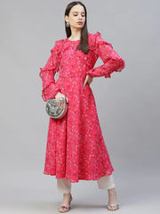 Women Pink Ditsy Floral Printed Floral Georgette Anarkali Kurta with Frills ( JOK 1394 Pink )