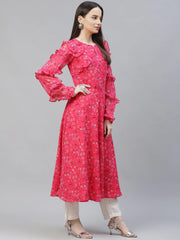 Women Pink Ditsy Floral Printed Floral Georgette Anarkali Kurta with Frills ( JOK 1394 Pink )