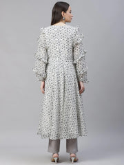 Women White Geometric Printed Anarkali Kurta with Frills ( JOK 1394 White )