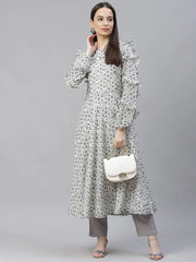 Women White Geometric Printed Anarkali Kurta with Frills ( JOK 1394 White )