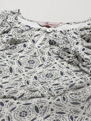Women White Geometric Printed Anarkali Kurta with Frills ( JOK 1394 White )