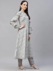 Women White Geometric Printed Anarkali Kurta with Frills ( JOK 1394 White )