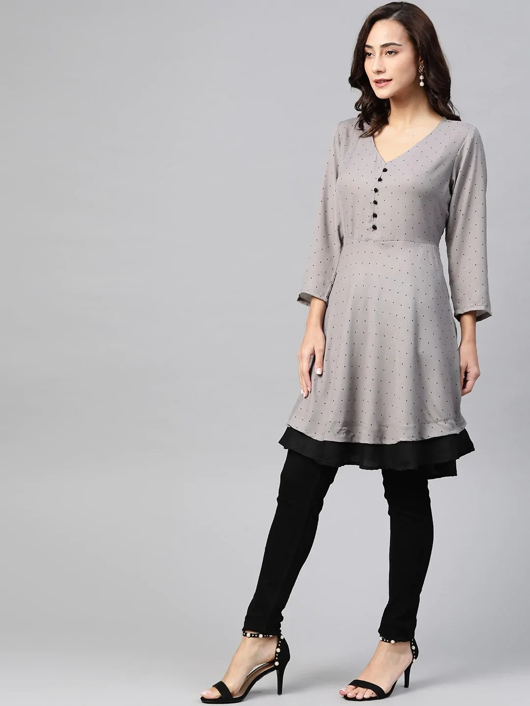 DesiQlo Women Grey & Black Polka Dots Printed Flaired Kurta ( JOK 1396 Grey )