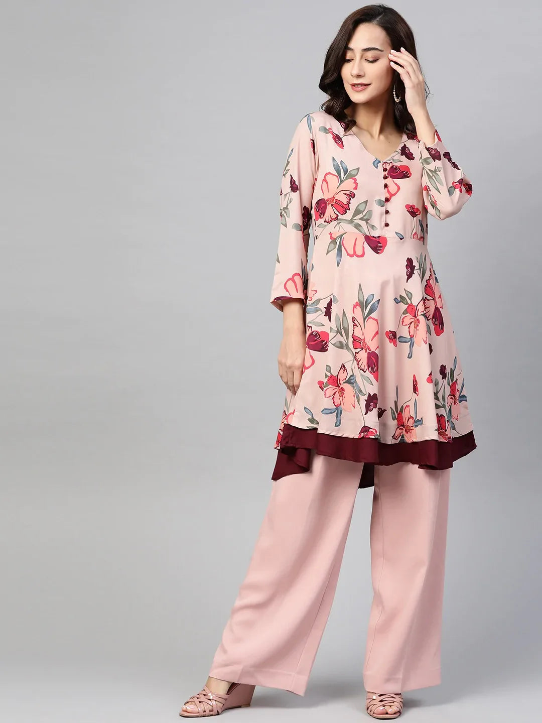 DesiQlo Women Peach & Maroon Floral Printed Floral Flared Kurta ( JOK 1396 Peach )