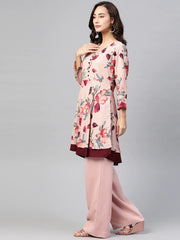 DesiQlo Women Peach & Maroon Floral Printed Floral Flared Kurta ( JOK 1396 Peach )