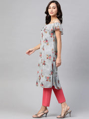 DesiQlo Women Grey & Pink Floral Printed Off-Shoulder Floral Kurta ( JOK 1397 Grey )