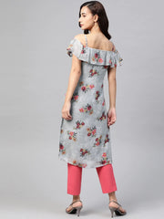 DesiQlo Women Grey & Pink Floral Printed Off-Shoulder Floral Kurta ( JOK 1397 Grey )