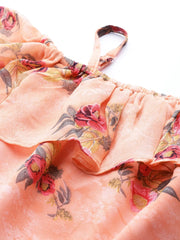 DesiQlo Women Peach-Coloured & Grey Floral Print Off-Shoulder Straight Kurta ( JOK 1397 Orange )