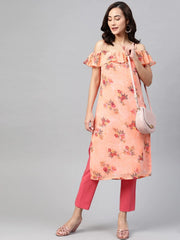 DesiQlo Women Peach-Coloured & Grey Floral Print Off-Shoulder Straight Kurta ( JOK 1397 Orange )