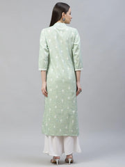 Women Green Ethnic Motifs Ikat Kurta with lace work ( JOK 1404 Green )