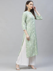 Women Green Ethnic Motifs Ikat Kurta with lace work ( JOK 1404 Green )