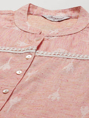 Women Pink Ethnic Motifs Ikat Kurta with lace work ( JOK 1404 Pink )