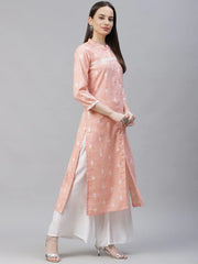 Women Pink Ethnic Motifs Ikat Kurta with lace work ( JOK 1404 Pink )