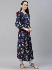 Women Navy Blue & Pink Floral Printed Bell Sleeves Floral Anarkali Kurta ( JOK 1405 Blue )