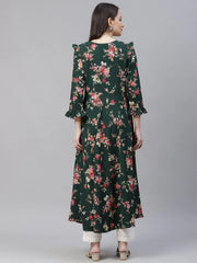 Women Green & Pink Floral Printed Bell Sleeves Floral Anarkali Kurta ( JOK 1405 Green )