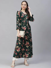 Women Green & Pink Floral Printed Bell Sleeves Floral Anarkali Kurta ( JOK 1405 Green )