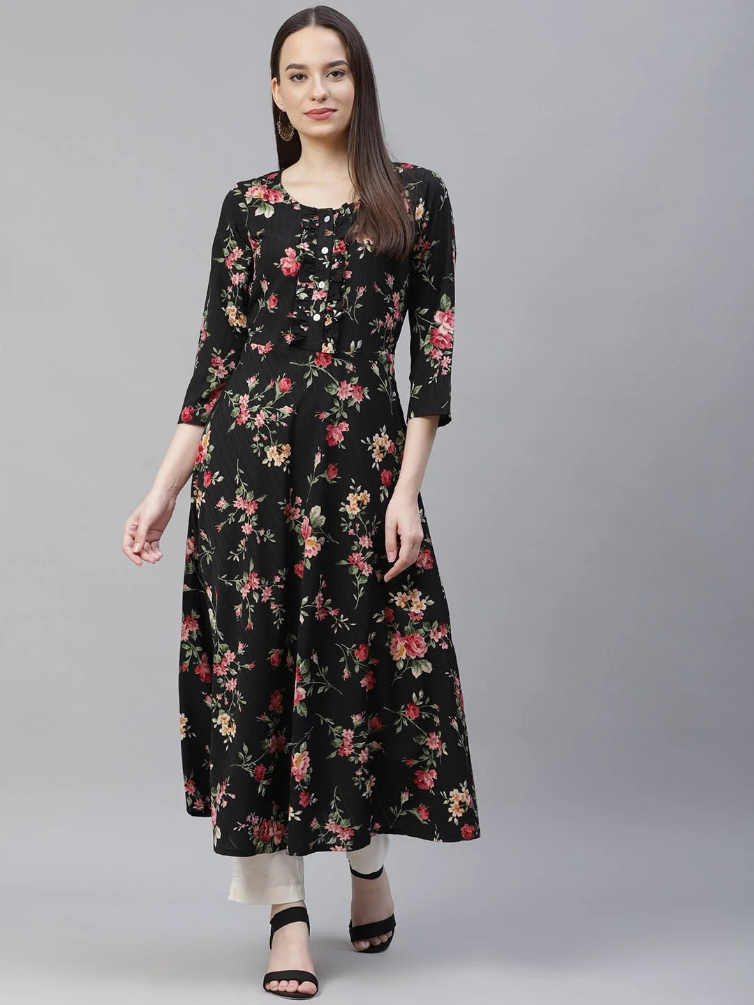 Black Floral Anarkali Kurta for Women | Flared Hem Kurti