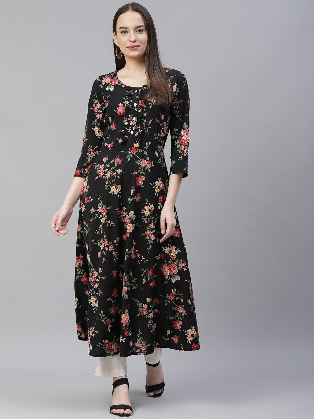 Black Floral Anarkali Kurta for Women | Flared Hem Kurti