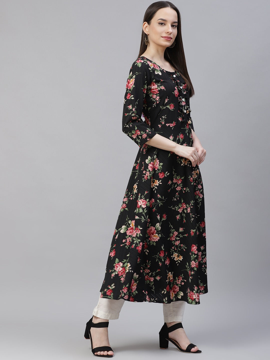 Black Floral Anarkali Kurta for Women | Flared Hem Kurti