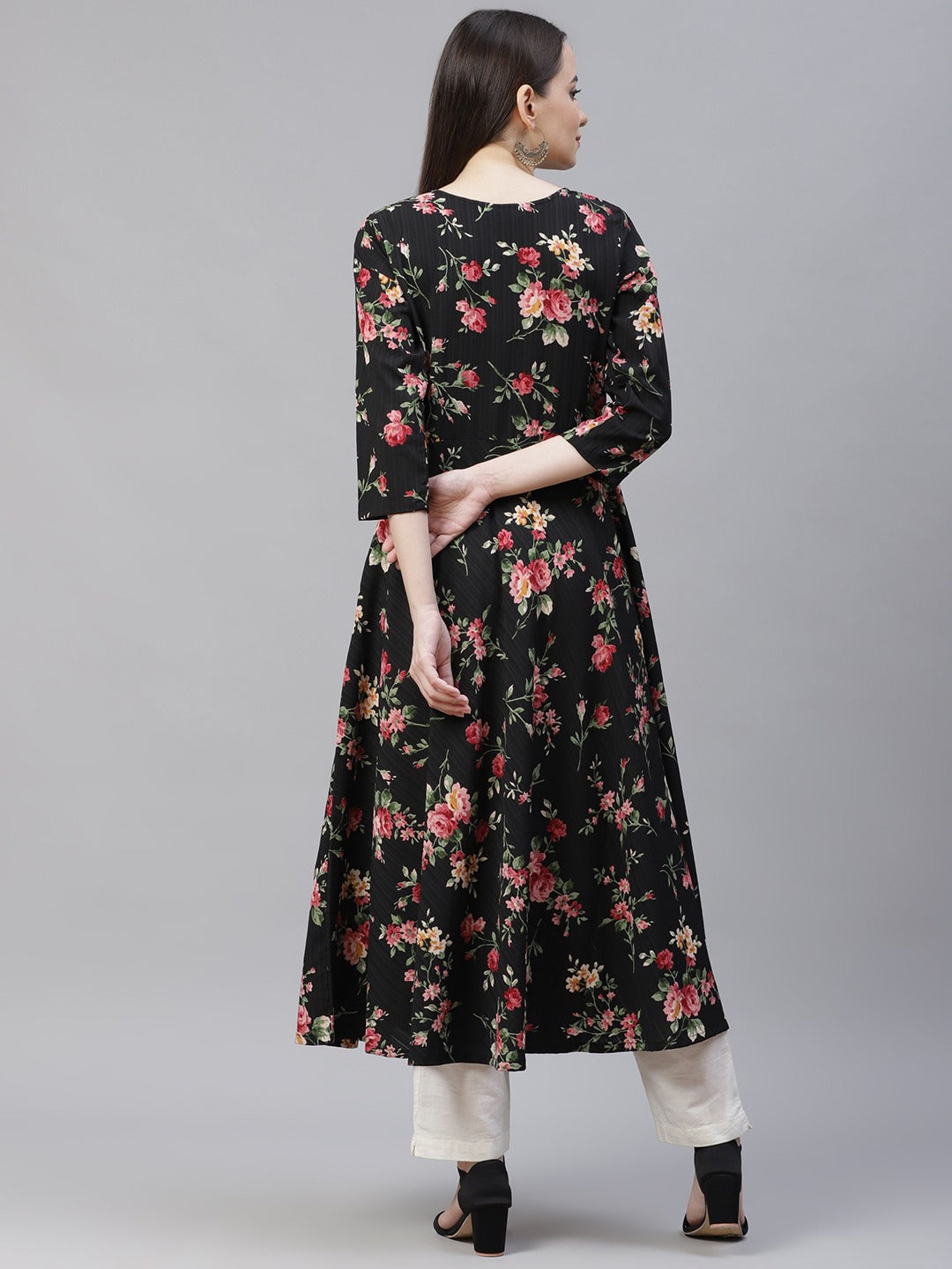 Black Floral Anarkali Kurta for Women | Flared Hem Kurti