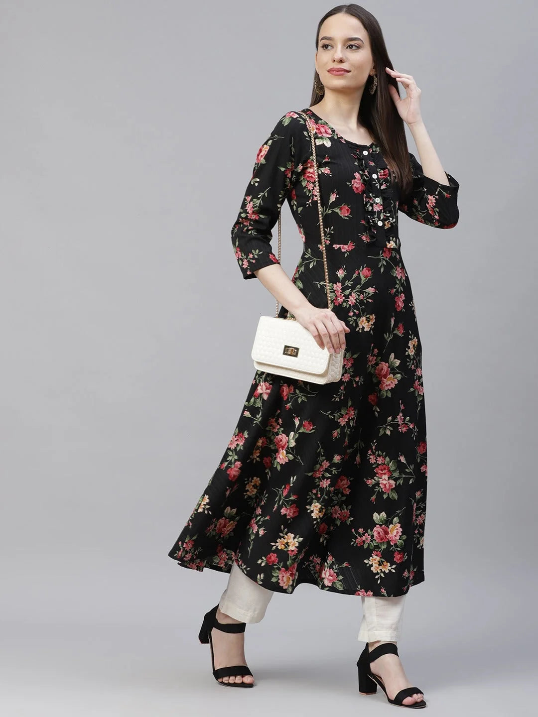 Black Floral Anarkali Kurta for Women | Flared Hem Kurti