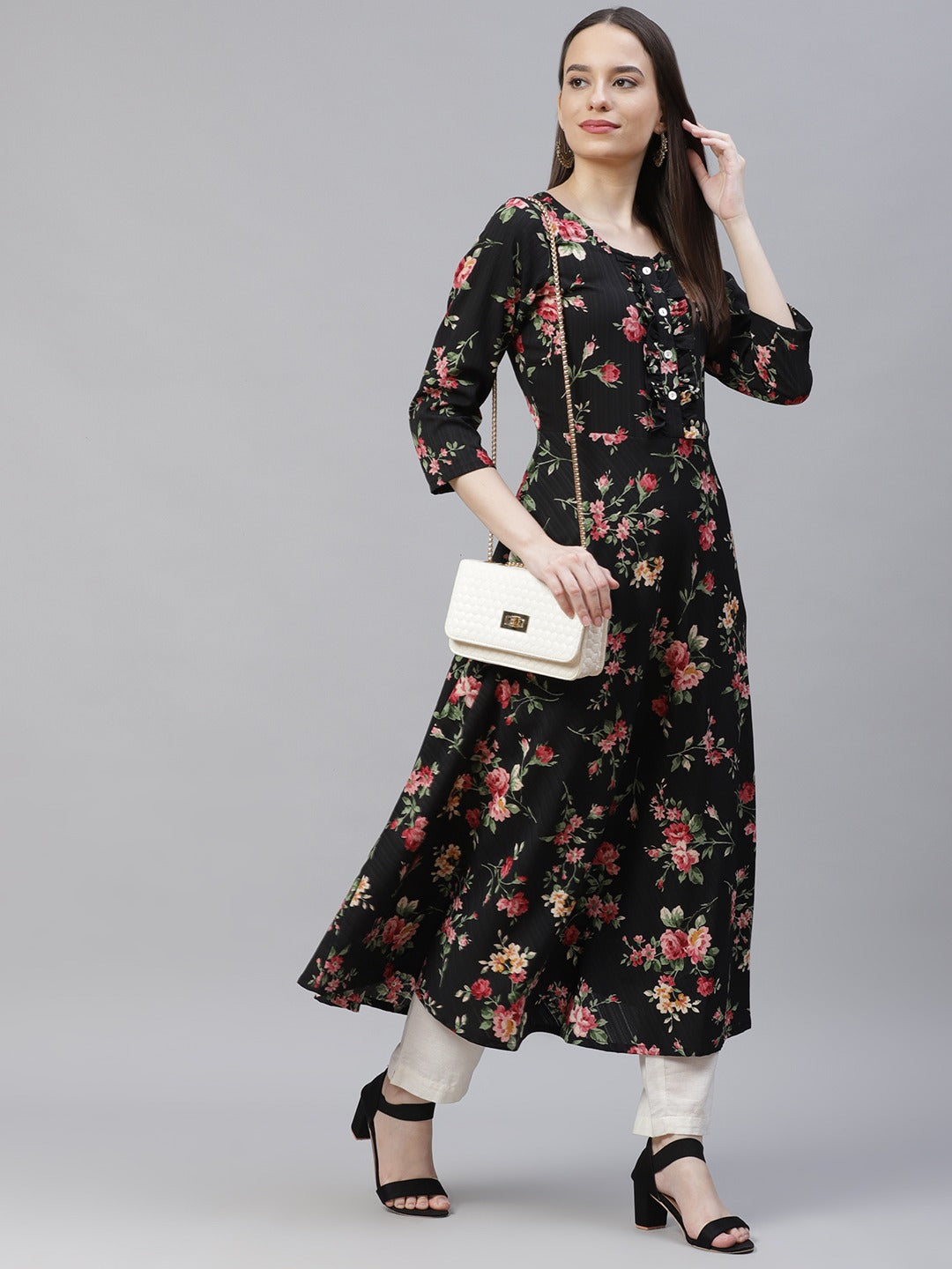 Women Black Floral Printed Floral Anarkali Kurta