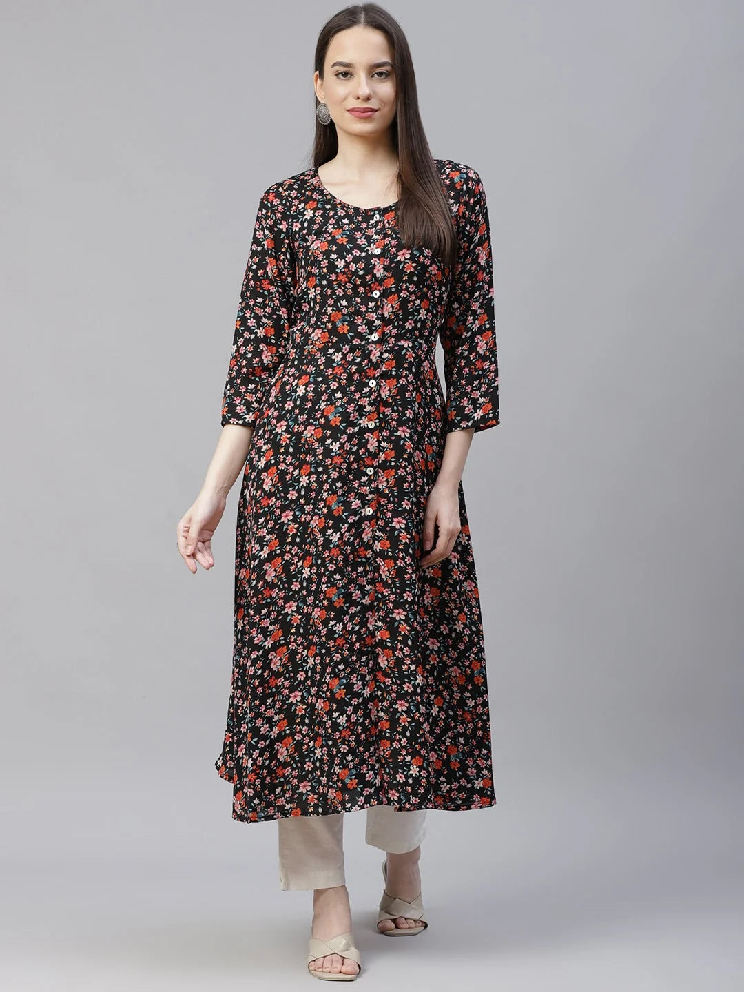 Black & Orange Floral Printed Indian Kurta for Women