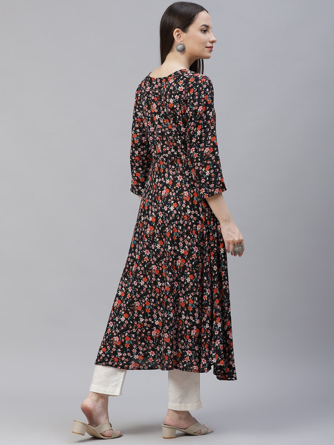 Black & Orange Floral Printed Indian Kurta for Women