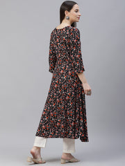 Women Black & Orange Floral Printed Floral Kurta