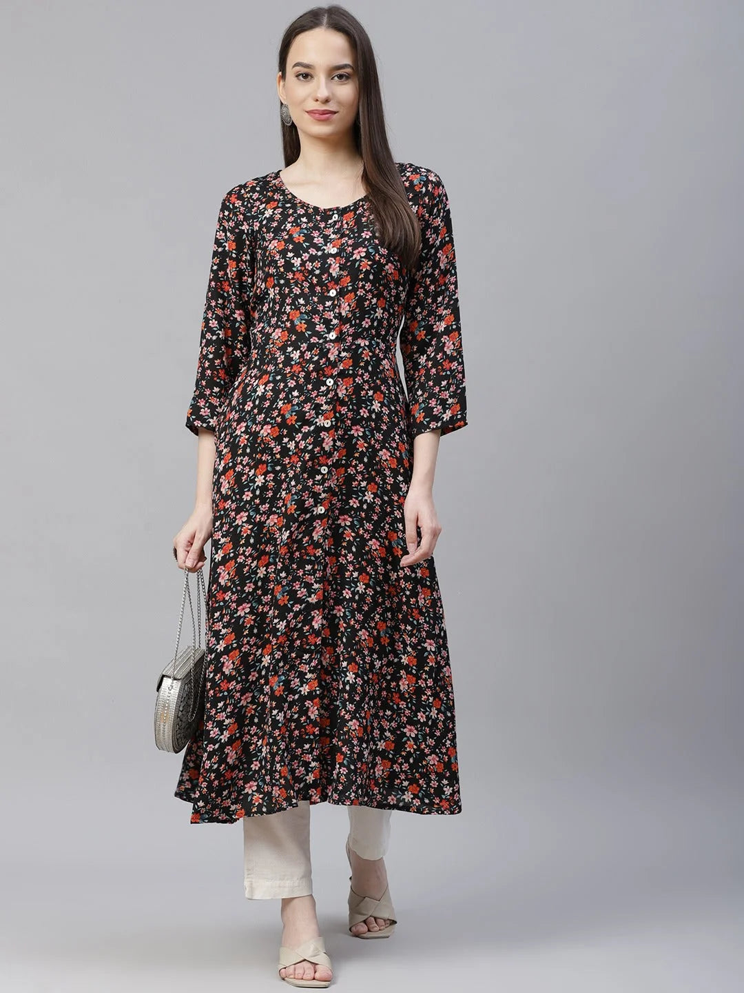 Black & Orange Floral Printed Indian Kurta for Women