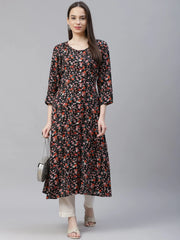 Women Black & Orange Floral Printed Floral Kurta
