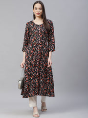 Women Black & Orange Floral Printed Floral Kurta