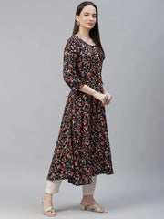 Women Black & Orange Floral Printed Floral Kurta