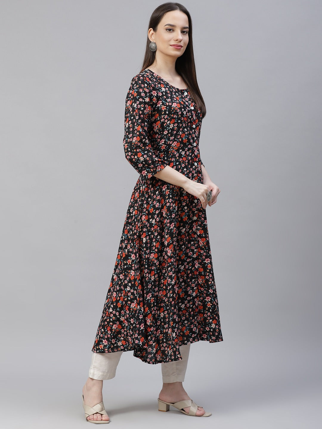 Black & Orange Floral Printed Indian Kurta for Women