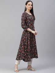 Women Black & Orange Floral Printed Floral Kurta