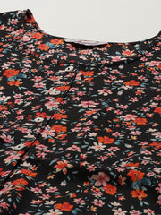 Women Black & Orange Floral Printed Floral Kurta