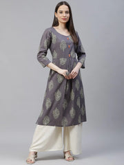 Women Grey & Orange Ethnic Motifs Printed Block Print Kurta with Box Pleate ( JOK 1408 Grey )