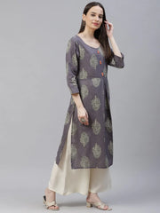 Women Grey & Orange Ethnic Motifs Printed Block Print Kurta with Box Pleate ( JOK 1408 Grey )