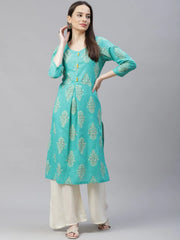 Women Sea Green & Yellow Ethnic Motifs Printed Block Print Kurta with Box Pleate ( JOK 1408 Rama )