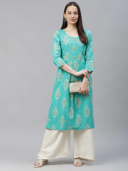 Women Sea Green & Yellow Ethnic Motifs Printed Block Print Kurta with Box Pleate ( JOK 1408 Rama )